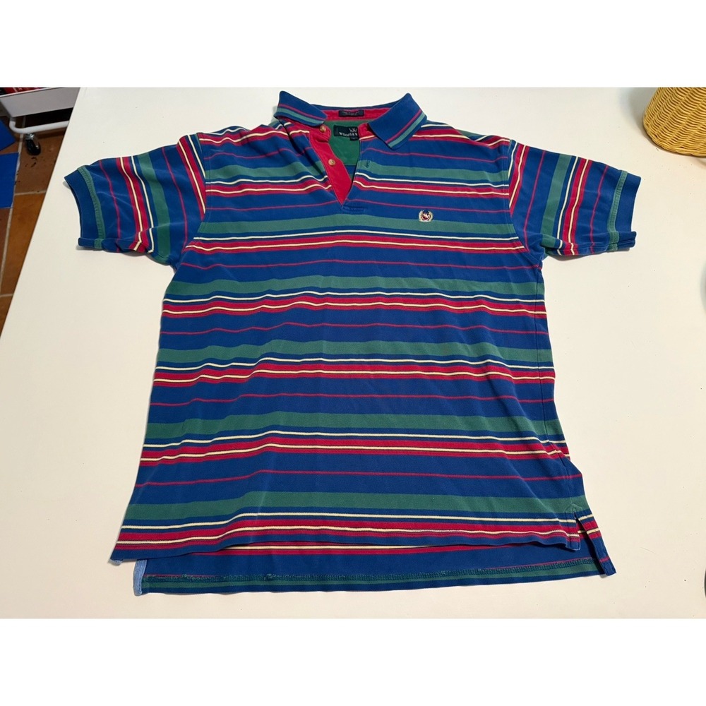 Woods & Woods Blue/Green/Red/Yellow Striped Short Sleeve Collared Polo L Y2K